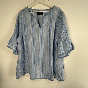 Tahari Womens Blue & White Striped 100% Linen V-Neck Bell Sleeve Blouse Top